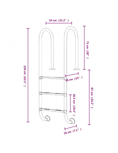 Scala per Piscina 54x38x158 cm Acciaio Inox 304