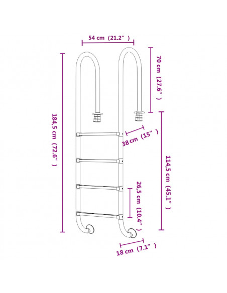 Scala per Piscina 54x38x184,5 cm Acciaio Inox 304