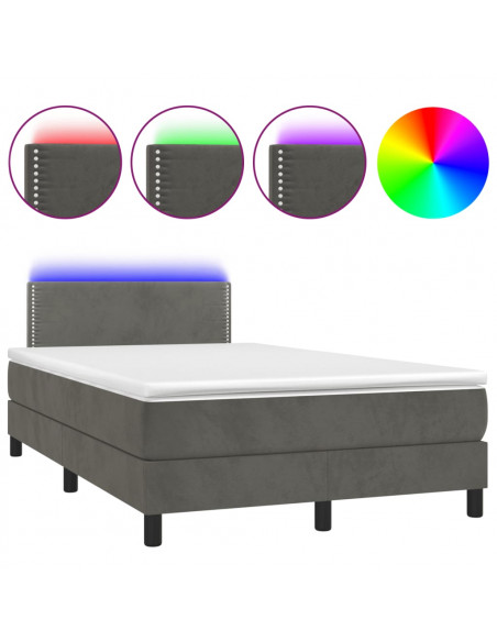 Letto a Molle Materasso e LED Grigio Scuro 120x190cm in Velluto