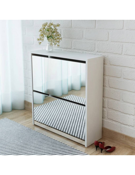 Scarpiera con 2 Ripiani e Specchio Bianco 63x17x67 cm