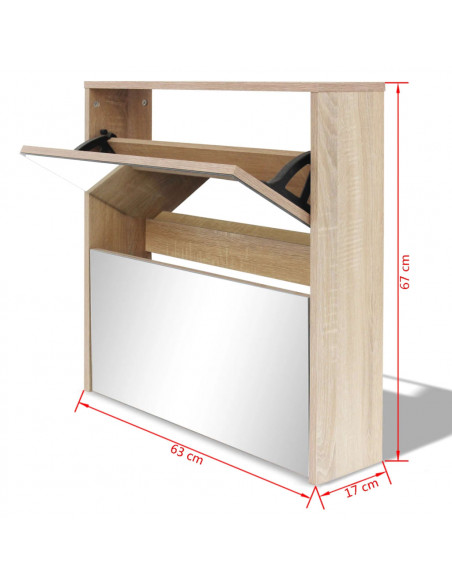 Scarpiera con 2 Ripiani e Specchio Colore Rovere 63x17x67 cm