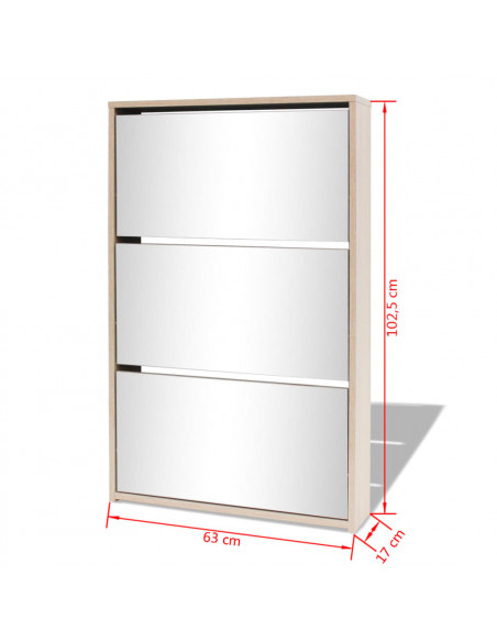 Scarpiera con 3 Ripiani e Specchio Colore Rovere 63x17x102,5 cm
