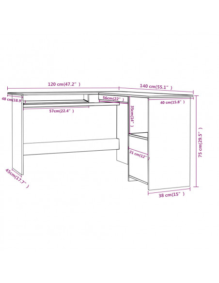 Scrivania Angolare a L Bianca 120x140x75cm in Legno Multistrato