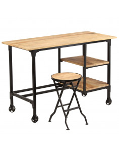 Scrivania con Sgabello Pieghevole in Legno di Mango 115x50x76cm