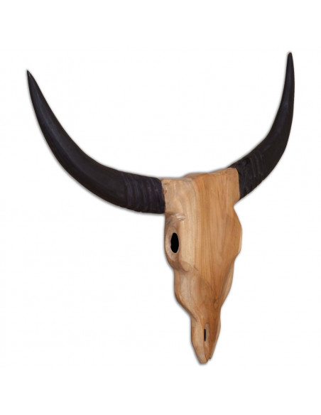 Scultura Teschio di Toro da Parete in Teak 69x6x60 cm