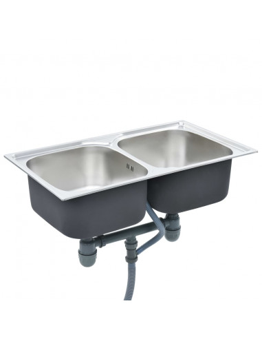 Lavello da Cucina Doppio con Filtro e Sifone in Acciaio Inox