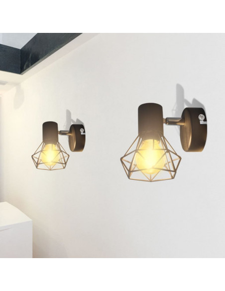 Set 2 Applique con Rete in Stile Industriale Nero Lampadina LED