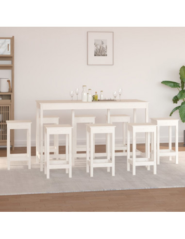Set da Bar 9 pz Bianco in Legno Massello di Pino