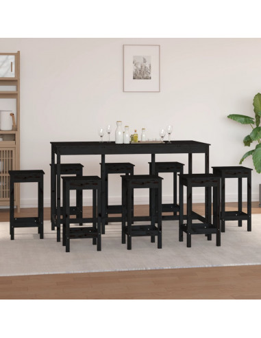 Set da Bar 9 pz Nero in Legno Massello di Pino