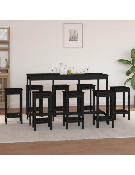 Set da Bar 9 pz Nero in Legno Massello di Pino