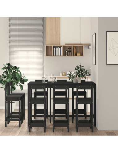 Set da Bar 9 pz Nero in Legno Massello di Pino
