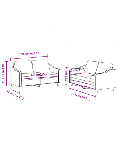 Set di Divani 2 pz con Cuscini Rosso Vino in Tessuto