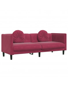 Set di Divani 3 pz con Cuscini Rosso Vino in Velluto