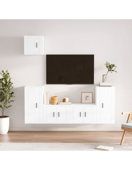 Set di Mobili Porta TV 5 pz Bianco Lucido in Legno Multistrato