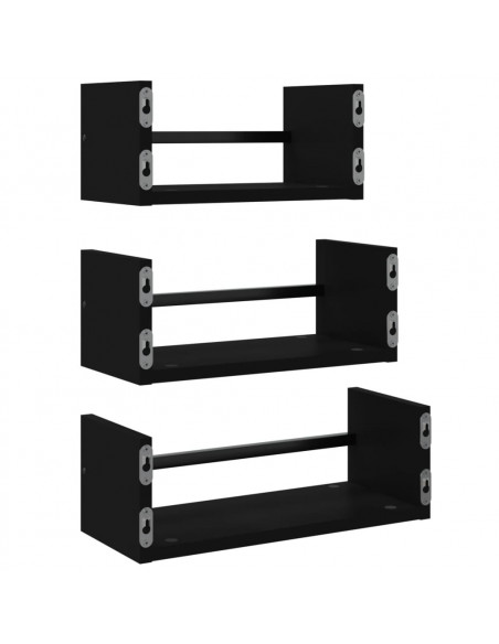 Set Mensole da Parete con Aste 3pz Nero in Legno Multistrato