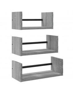Set Mensole Parete con Aste 3pz Grigio Sonoma Legno Multistrato