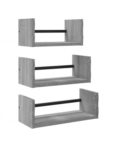 Set Mensole Parete con Aste 3pz Grigio Sonoma Legno Multistrato