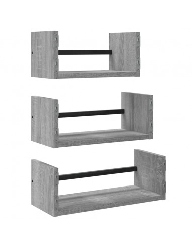Set Mensole Parete con Aste 3pz Grigio Sonoma Legno Multistrato