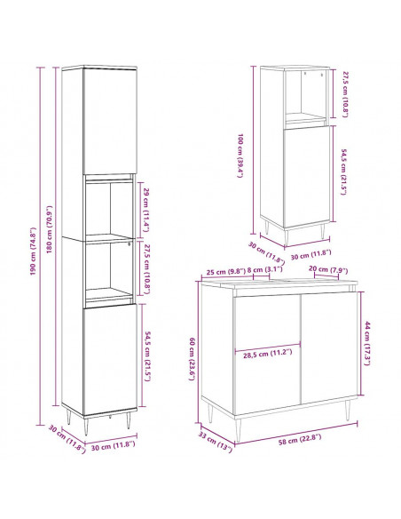 Set Mobili da Bagno 3 pz Grigio Cemento in Legno Multistrato