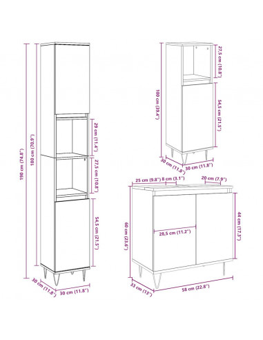 Set Mobili da Bagno 3 pz Grigio Cemento in Legno Multistrato