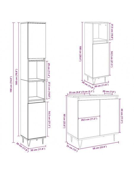 Set Mobili da Bagno 3 pz Grigio Cemento in Legno Multistrato