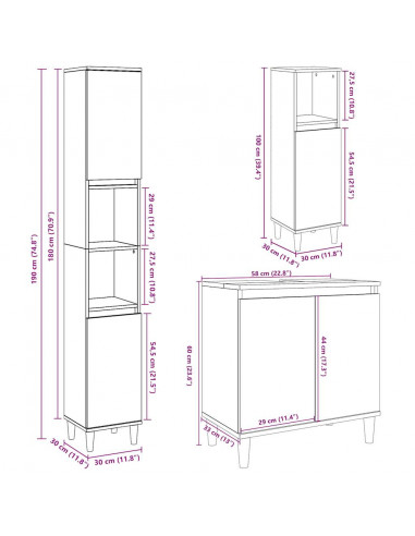 Set Mobili da Bagno 3 pz Grigio Cemento in Legno Multistrato