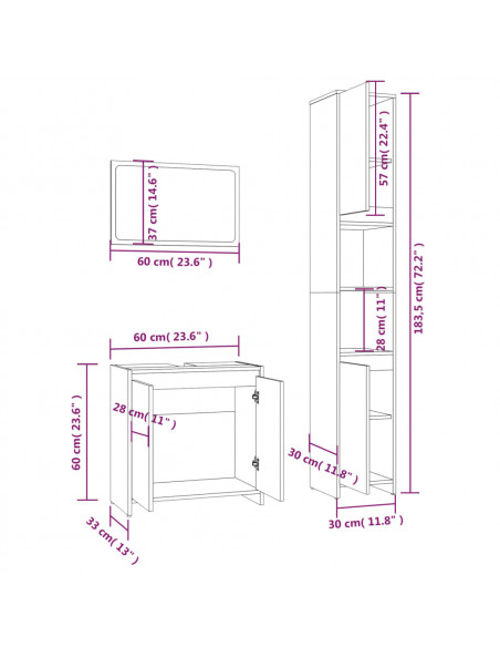 Set Mobili da Bagno 3 pz Rovere Fumo in Legno Multistrato