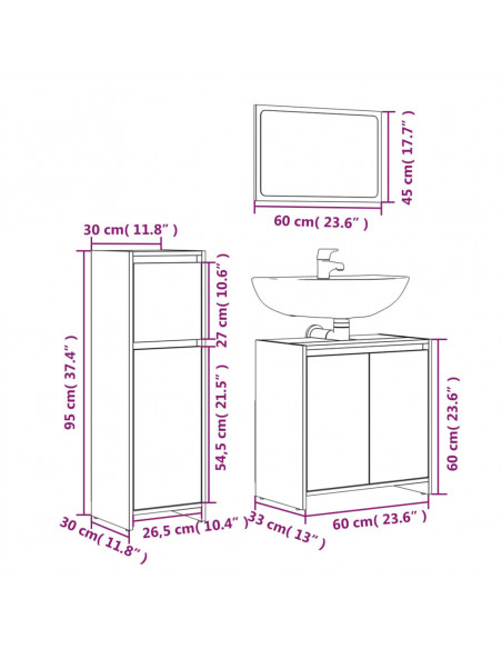 Set Mobili da Bagno 3 pz Rovere Marrone in Legno Multistrato