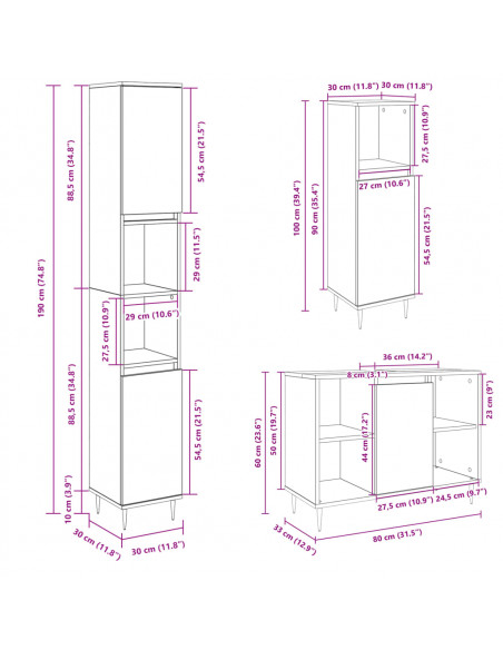 Set Mobili da Bagno 3 pz Rovere Sonoma in Legno Multistrato