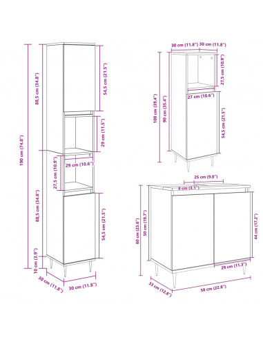 Set Mobili da Bagno 3 pz Rovere Sonoma in Legno Multistrato
