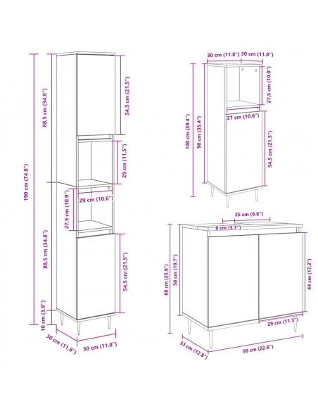 Set Mobili da Bagno 3 pz Rovere Sonoma in Legno Multistrato
