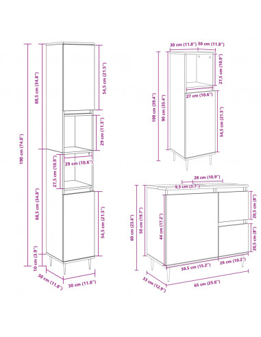 Set Mobili da Bagno 3 pz Rovere Sonoma in Legno Multistrato