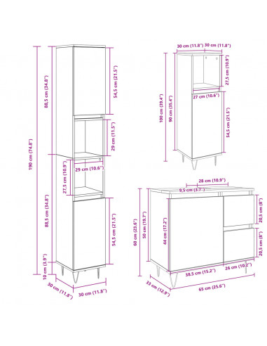 Set Mobili da Bagno 3 pz Rovere Sonoma in Legno Multistrato