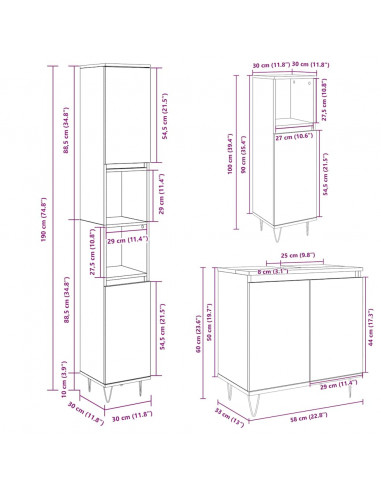 Set Mobili da Bagno 3 pz Rovere Sonoma in Legno Multistrato
