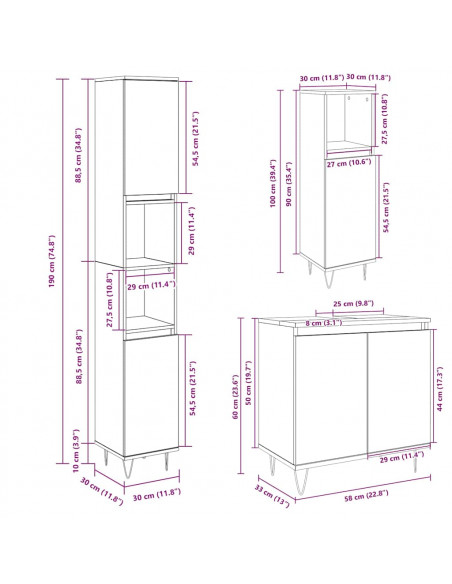 Set Mobili da Bagno 3 pz Rovere Sonoma in Legno Multistrato
