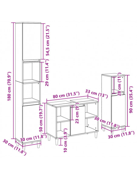 Set Mobili da Bagno 3 pz Rovere Sonoma in Legno Multistrato