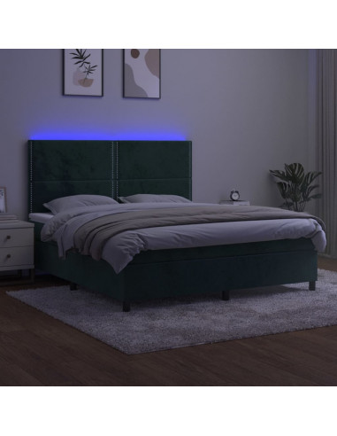 Letto a Molle con Materasso e LED Verde Scuro 160x200cm Velluto