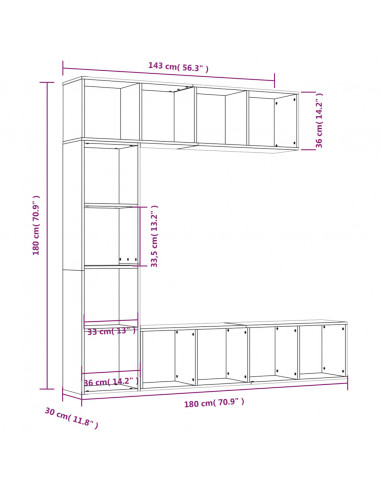Set Mobili Libreria / Porta TV 3 pz Rovere Fumo 180x30x180 cm