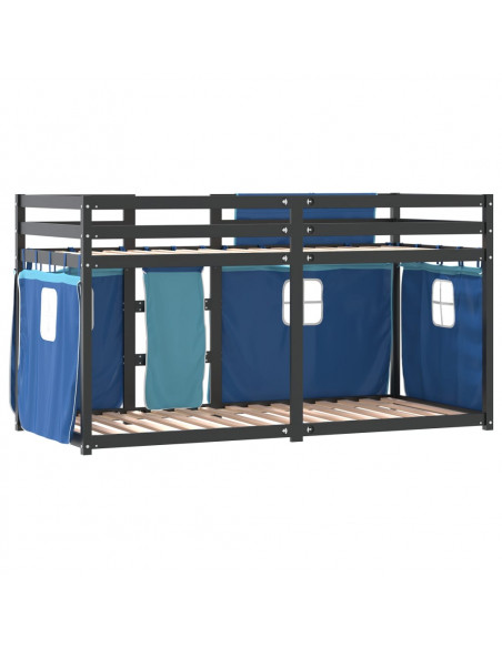 Letto a Castello con Tende Blu 90x200cm Massello Pino