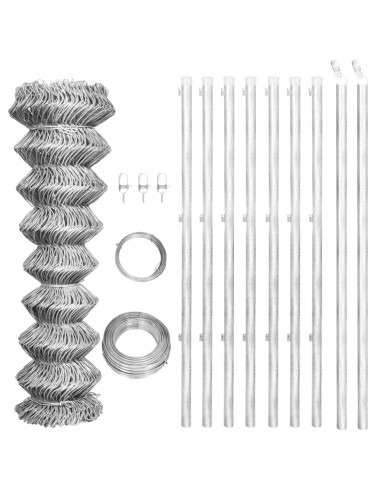 Recinzione in Rete con Pali in Acciaio Zincato 15x1 m Argento