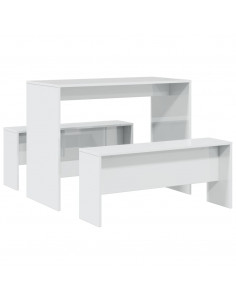Set Tavolo da Pranzo e Panche 3 pz Bianco Lucido in Truciolato