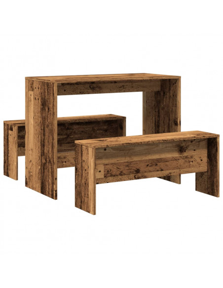 Set Tavolo da Pranzo e Panche 3 pz Legno Antico in Truciolato