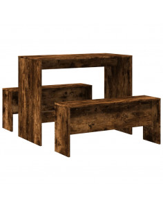 Set Tavolo da Pranzo e Panche 3 pz Rovere Fumo in Truciolato