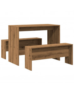 Set Tavolo da Pranzo e Panche 3pz Rovere Artigianale Truciolato