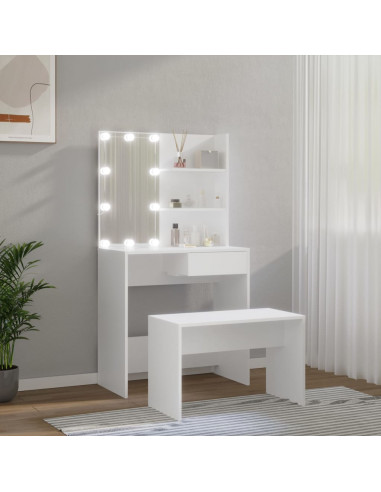 Set Tavolo da Toeletta Bianco con LED in Legno Multistrato