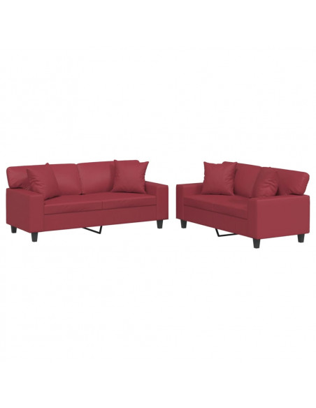 Set di Divani 2 pz con Cuscini Rosso Vino in Similpelle