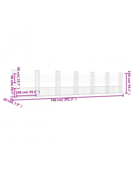 Gabbione a U con 7 Pali in Ferro 740x20x150 cm