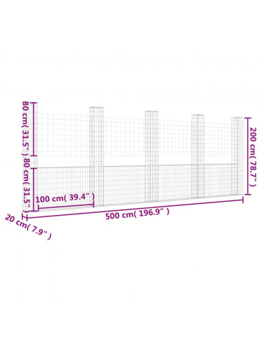 Gabbione a U con 5 Pali in Ferro 500x20x200 cm