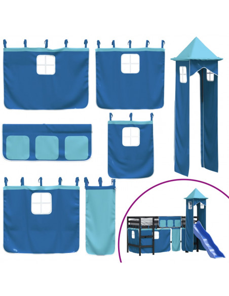 Letto a Soppalco con Torre Bambini Blu 90x190cm Massello Pino