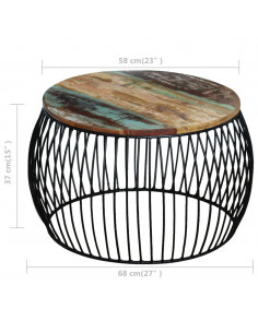 Tavolino da Salotto Rotondo Legno Massello di Recupero 68x37 cm